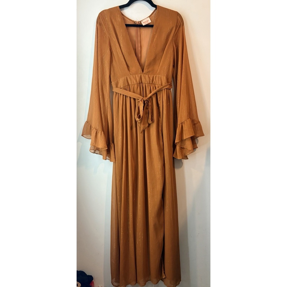 Showpo Rust Metallic Stripe Maxi Dress Women's US 6 Boho Bell Sleeve Deep V